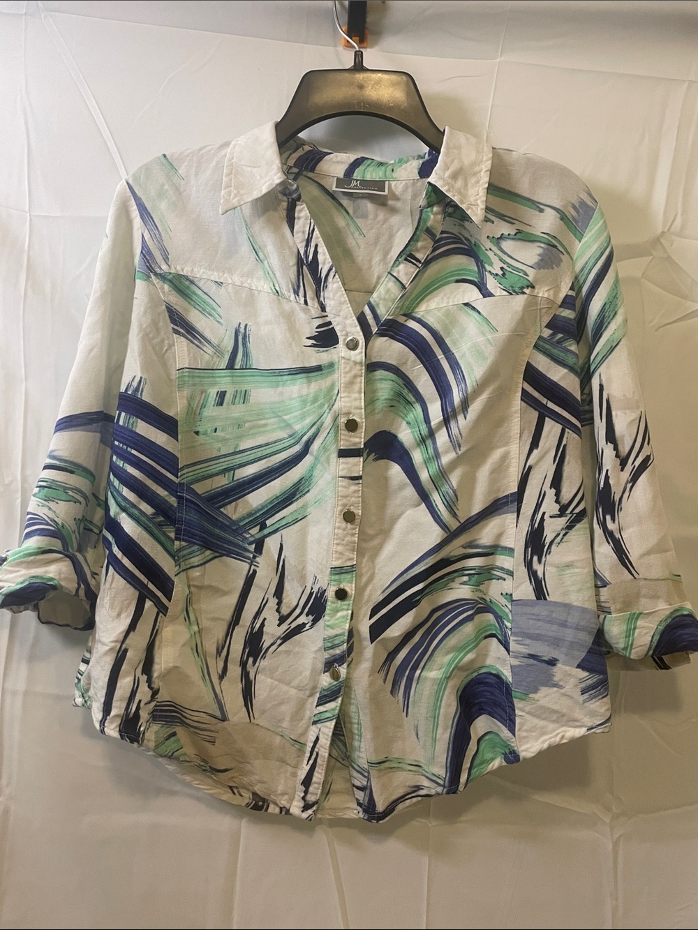 JM Collection Abstract Brushstroke Button-Down Shirt - White Blue Green